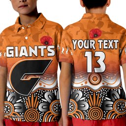 Custom Text and Number Giants AnzacPolo Shirt KID Greater Western Sydney GWS Aboriginal Poppy