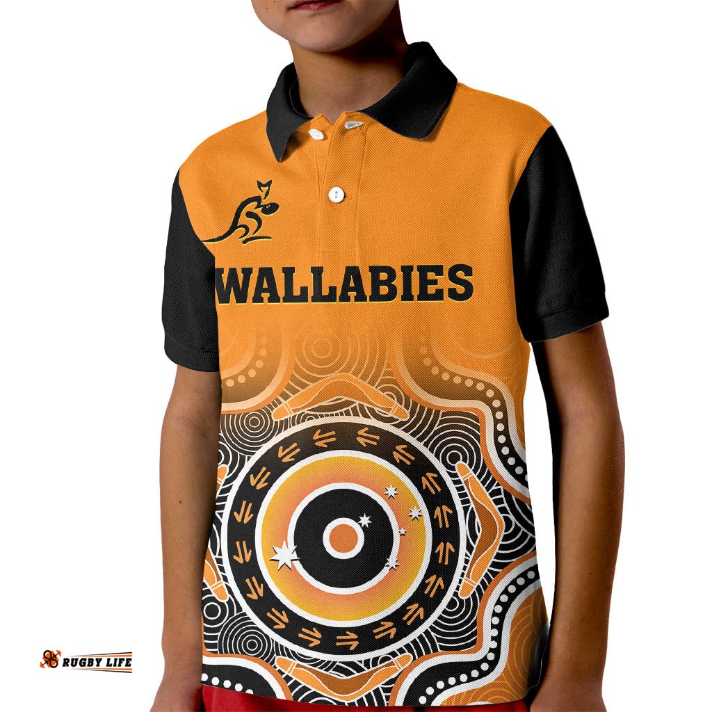 Custom Text And Number Wallabies Rugby Kid Polo Shirt Aussie Go Champions Indigenous Orange