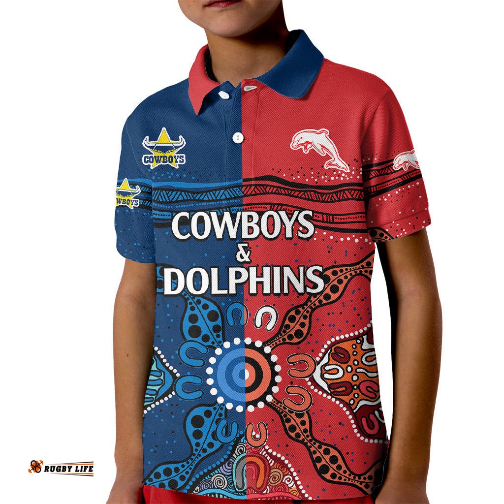 NRL Half Dolphins and Half Cowboys Rugby Kid Polo Shirt Aboriginal-