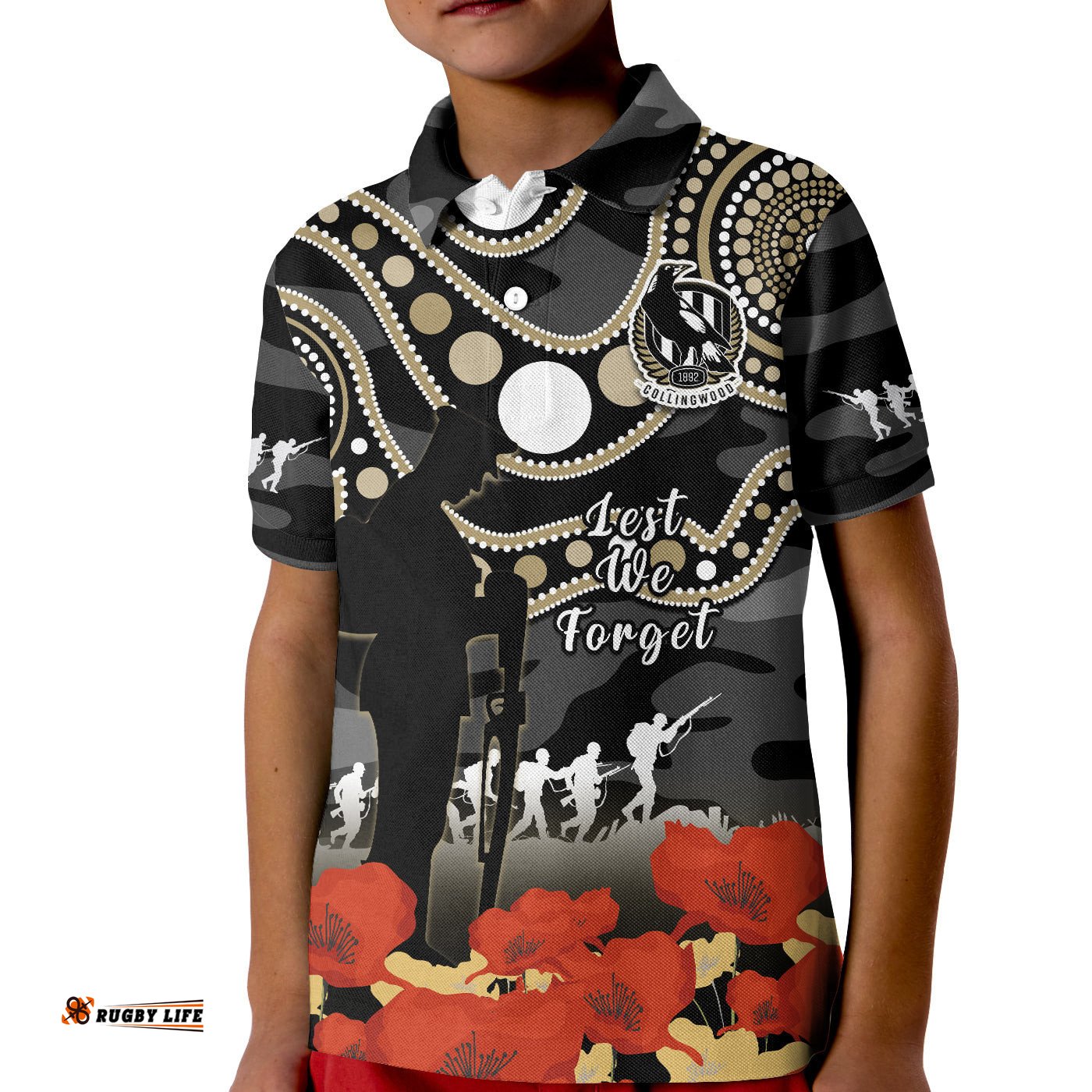 Collingwood Football ANZACPolo Shirt KID Aboriginal Mix Poppy Camouflage