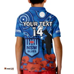 Custom Text And Number Blues Rugby ANZACPolo Shirt KID NSW Aboriginal Mix Poppy Camouflage
