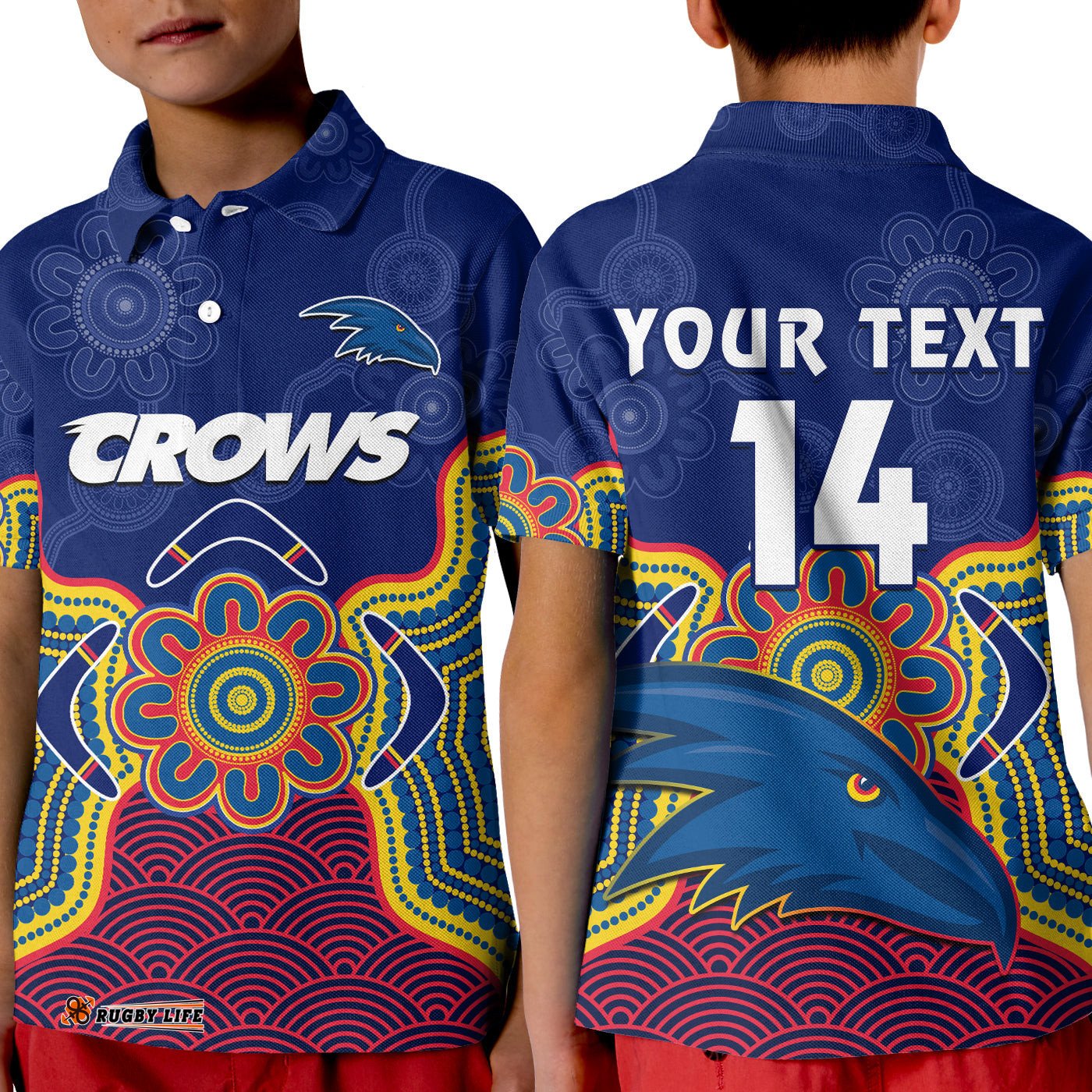 Custom Text And Number Adelaide Football Polo Shirt KID Crows Aboriginal Art