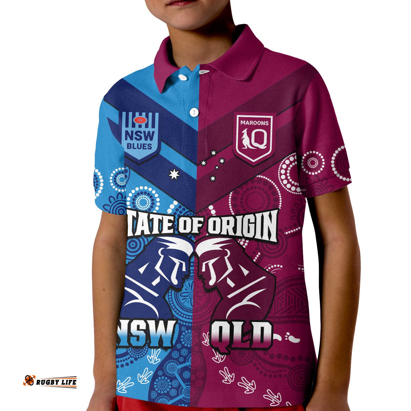 Custom Personalised QLD Maroons And NSW Blues Rugby Polo Shirt KID State of Origin Indigenous