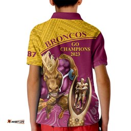 Brisbane Broncos Rugby Kid Polo Shirt Go ChampionsMascot With Polynesian Indigenous Art