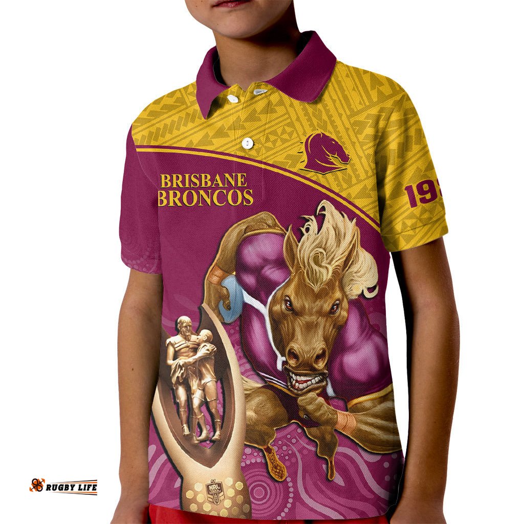 Brisbane Broncos Rugby Kid Polo Shirt Go ChampionsMascot With Polynesian Indigenous Art