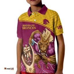 Brisbane Broncos Rugby Kid Polo Shirt Go ChampionsMascot With Polynesian Indigenous Art