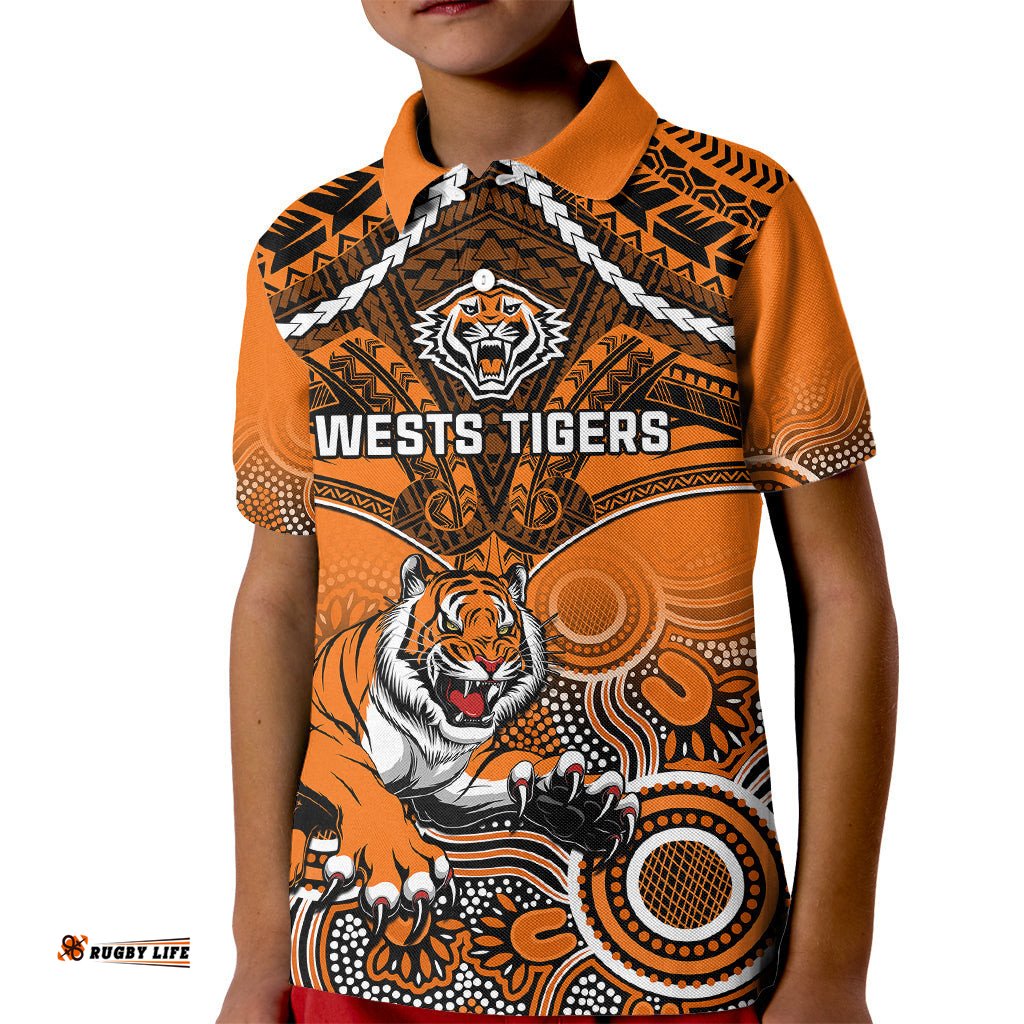 Personalised Tigers Rugby Kid Polo Shirt Aboriginal Mix Polynesian Pattern