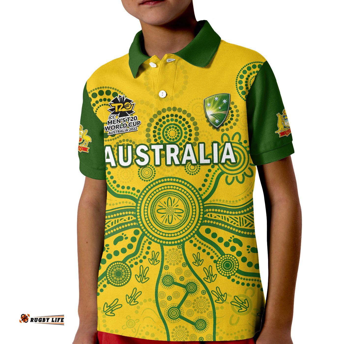 Custom Text And Number Australia Cricket Polo Shirt KID AussieMens T20 World Cup