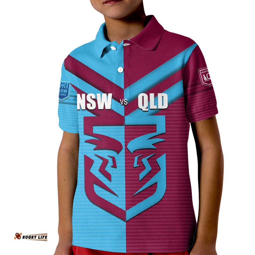 Custom NSW Blues Vs QLD Maroon Rugby Kid Polo Shirt