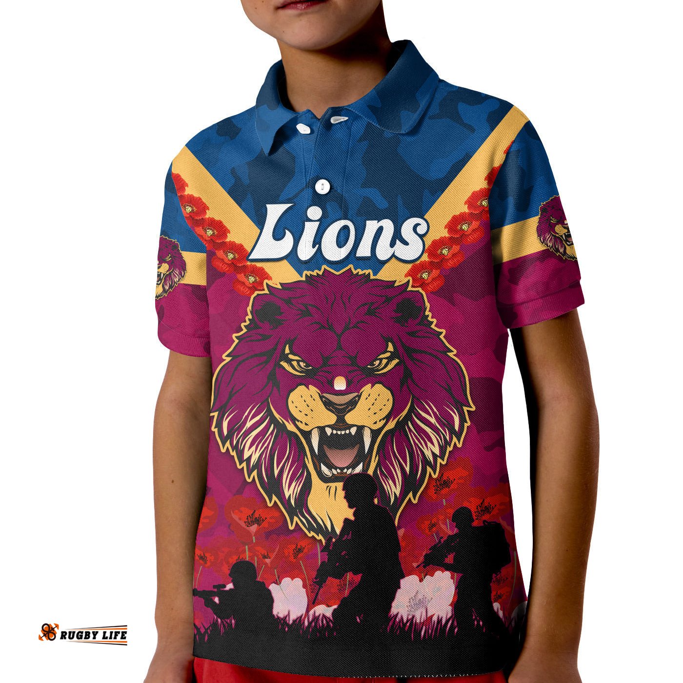 Lions AnzacPolo Shirt KID Brisbane Brissie Poppy Flowers