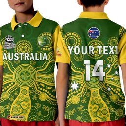 Custom Text And Number Australia Cricket Polo Shirt KID AussieMens T20 World Cup Ver.02