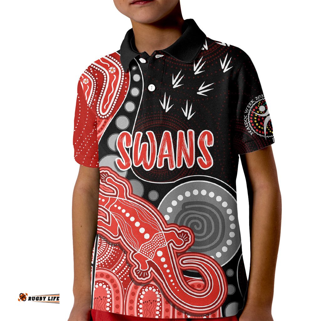Personalised NAIDOC WeekAFL Swans Kid Polo Shirt Aboriginal Dot Art Lizard Mix Boomerang