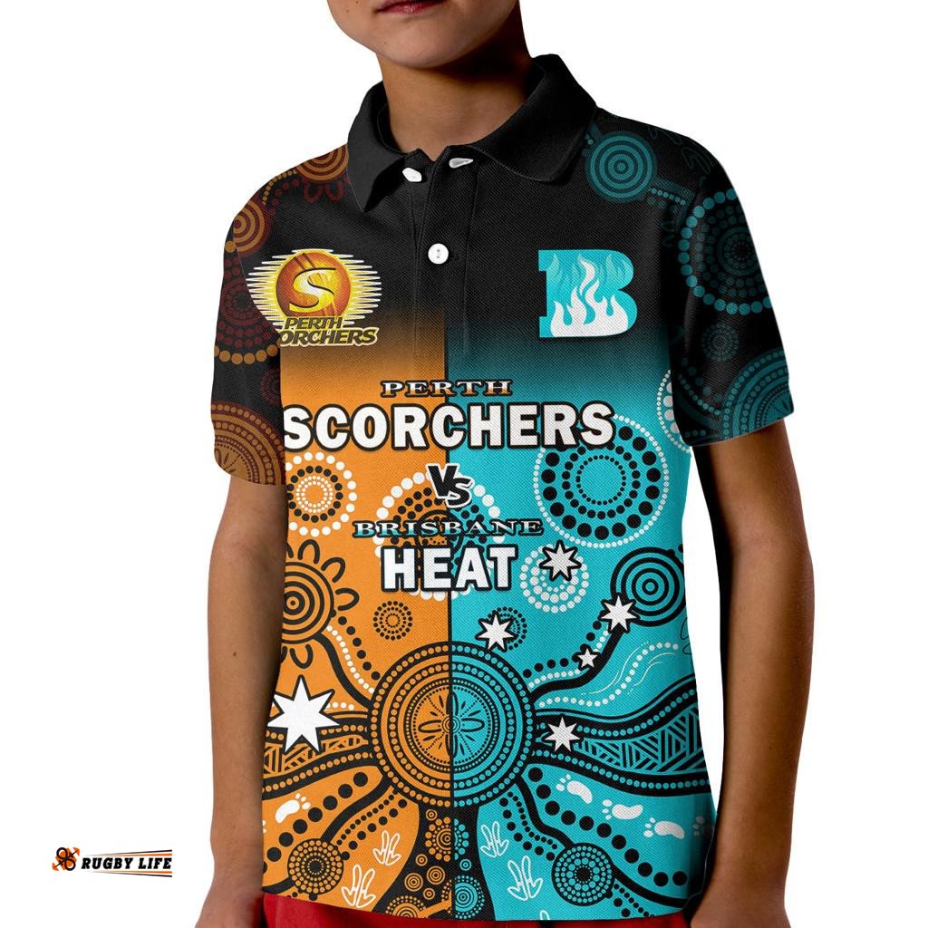 Custom Text And Number Perth Scorchers and Brisbane Heat Cricket Kid Polo Shirt Aboriginal Art