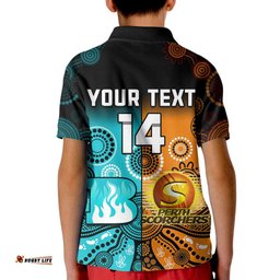Custom Text And Number Perth Scorchers and Brisbane Heat Cricket Kid Polo Shirt Aboriginal Art