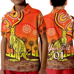Custom Personalised Aboriginal Art Kangaroo Polo Shirt KID Indigenous Unique Vibes - Orange
