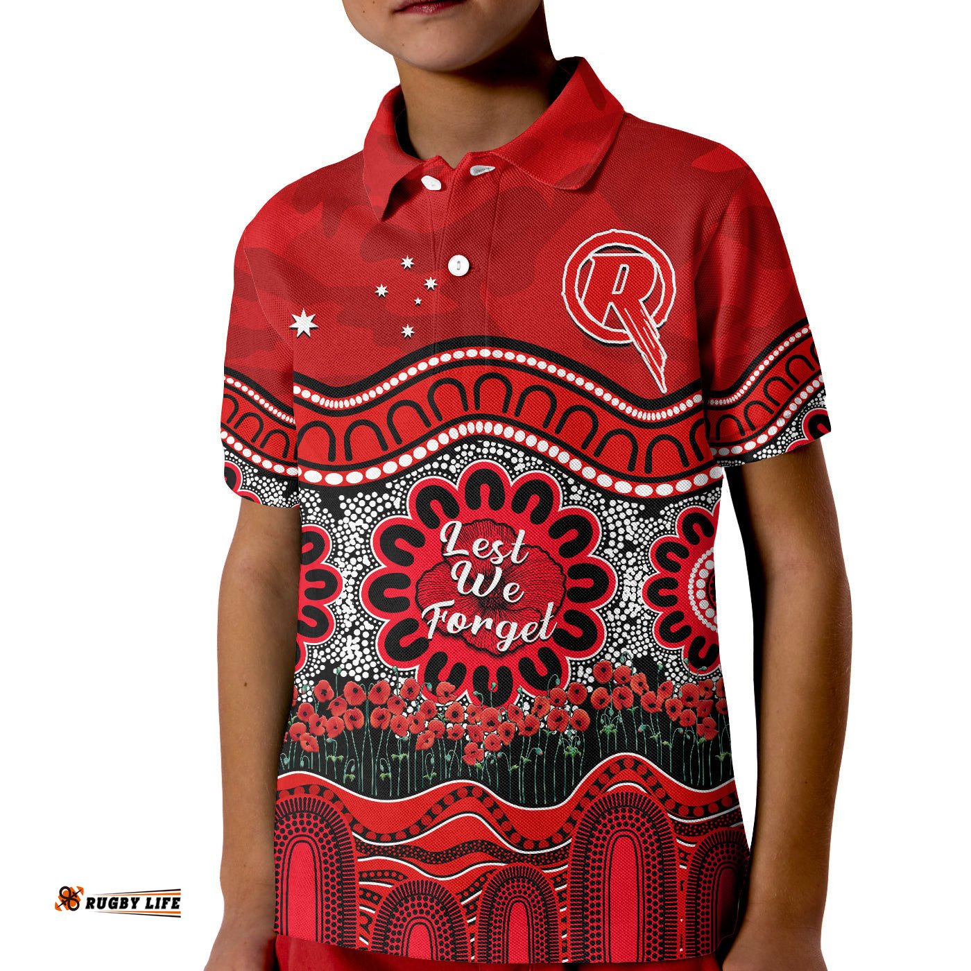 Custom Text And Number Renegades Cricket ANZAC Polo Shirt KID Melbourne Poppy Aboriginal Camouflage