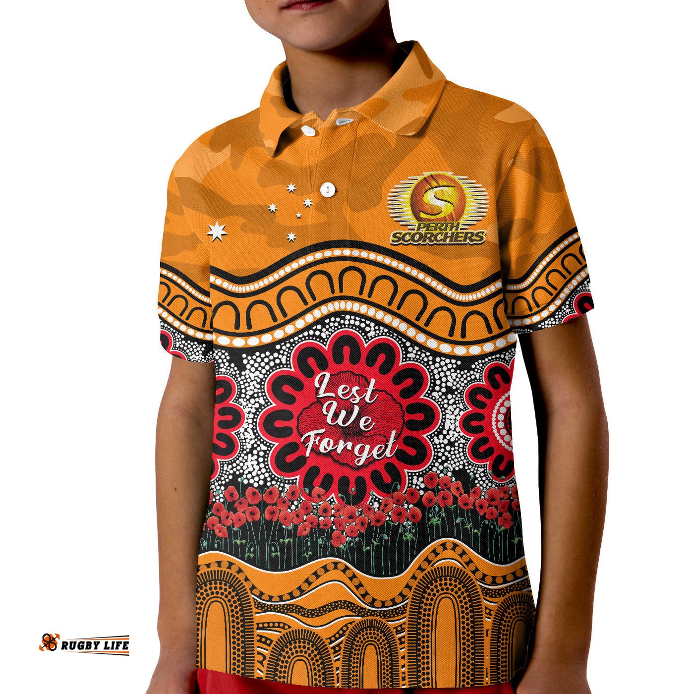 Perth Scorchers Cricket ANZAC Polo Shirt KID Poppy Aboriginal Camouflage