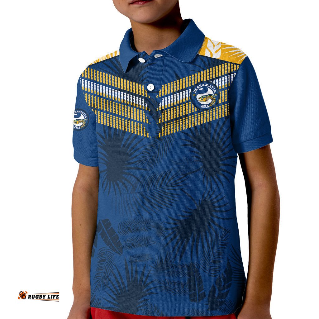 Custom Text And Number Parramatta Eels Rugby Kid Polo Shirt Simple Hawaiian Palms Leaf
