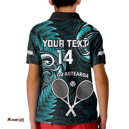 Custom New Zealand Tiki Tennis Kid Polo Shirt 2024 Aotearoa Tenehi Maori Silver Fern - Turquoise