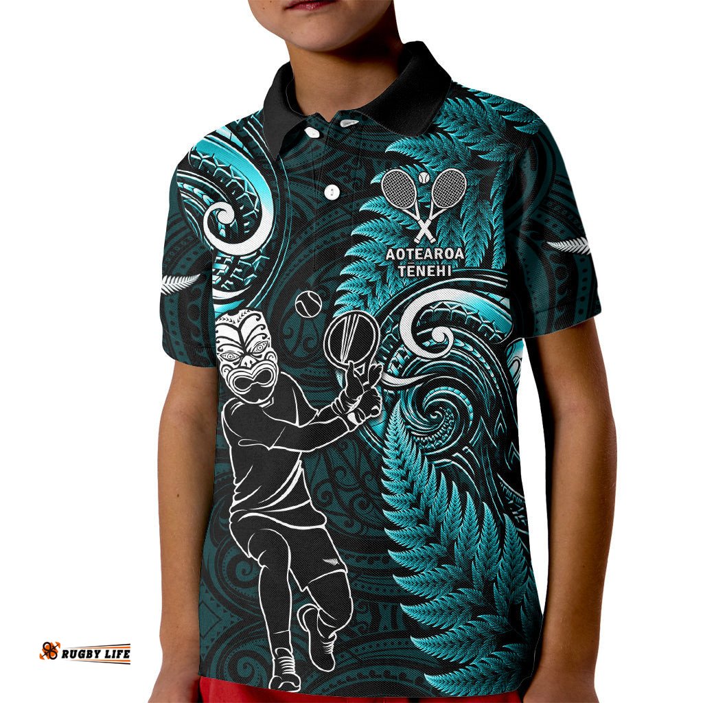 Custom New Zealand Tiki Tennis Kid Polo Shirt 2024 Aotearoa Tenehi Maori Silver Fern - Turquoise
