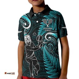 Custom New Zealand Tiki Tennis Kid Polo Shirt 2024 Aotearoa Tenehi Maori Silver Fern - Turquoise