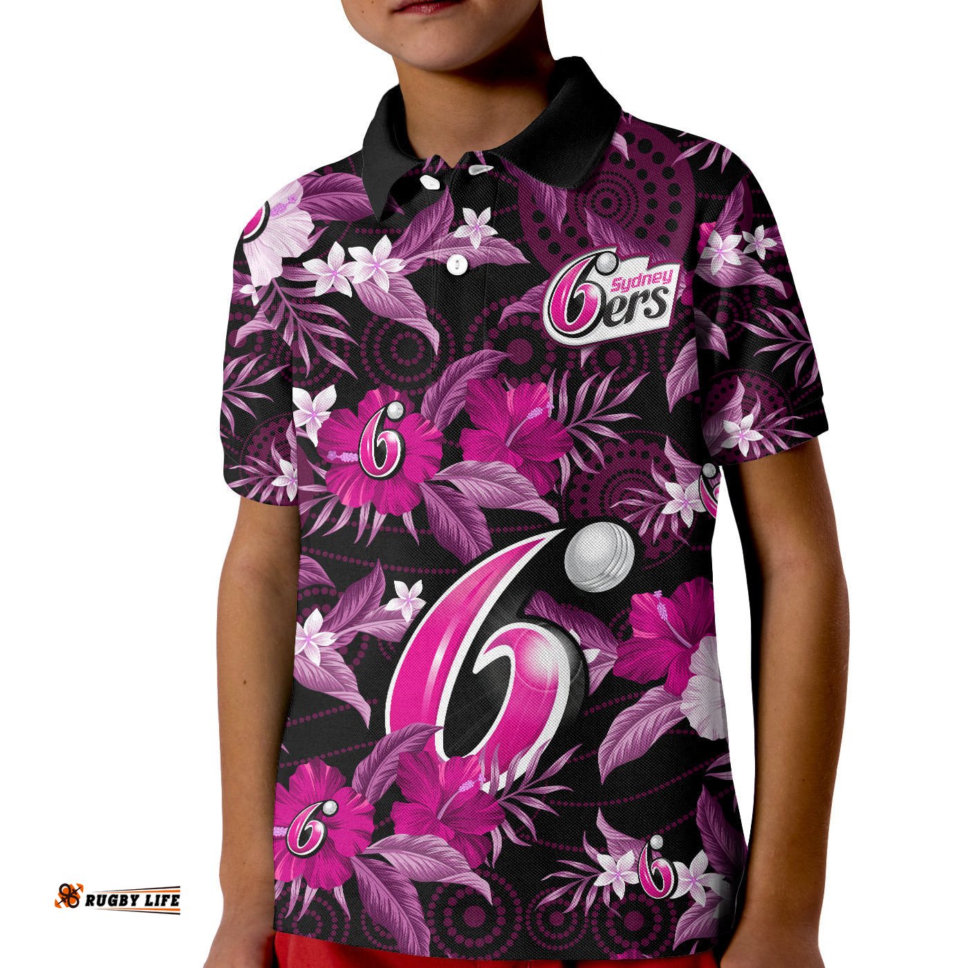 Sydney Sixers Cricket Polo Shirt KID Aboriginal Art Mix Tropical Flowers