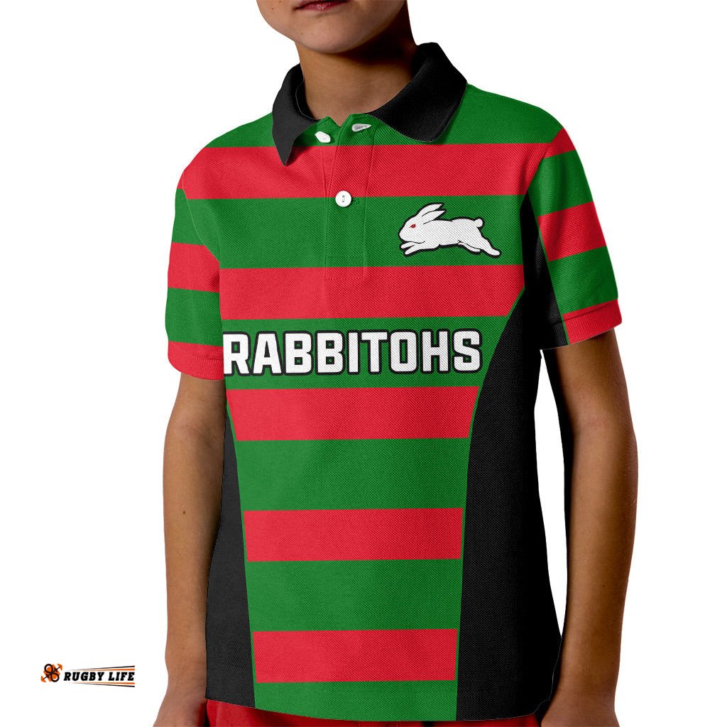 Custom Text And Number Rabbitohs Rugby Kid Polo Shirt Go Souths 1908 Sporty Style Black