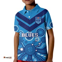 Personalised NSW Rugby Kid Polo Shirt Blues Aboriginal Art