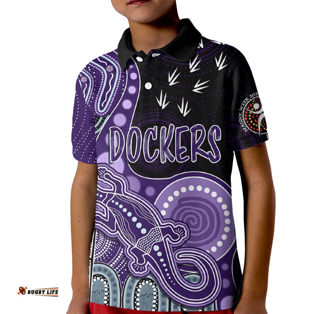 Personalised NAIDOC WeekAFL Dockers Kid Polo Shirt Aboriginal Dot Art Lizard Mix Boomerang