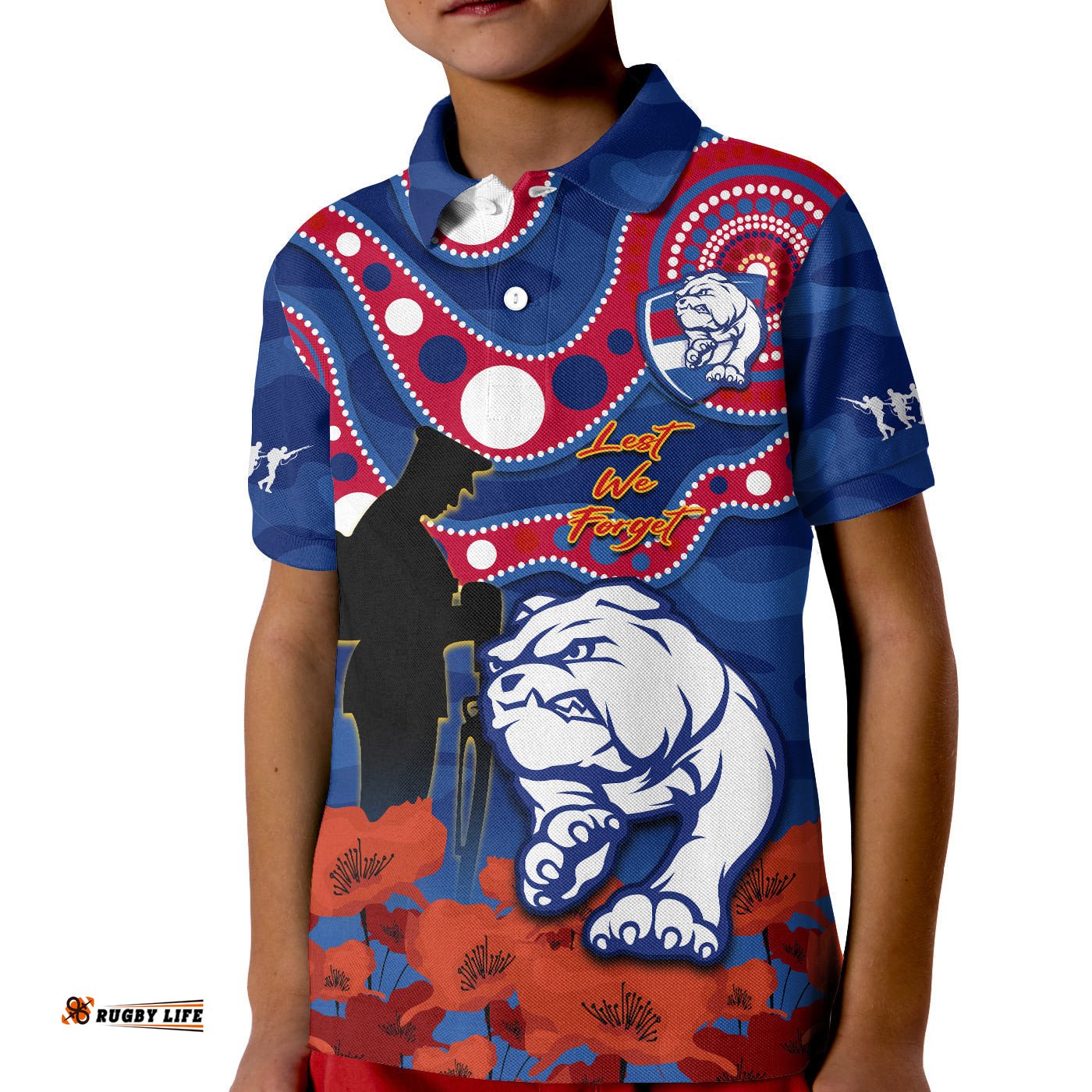 Custom Text And Number Western Bulldogs Football ANZACPolo Shirt KID Doggies Aboriginal Mix Poppy Camouflage