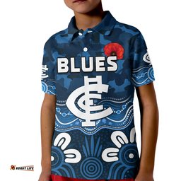 Blues AnzacPolo Shirt KID Carlton Football Aboriginal Poppy