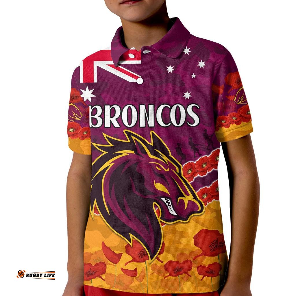 Custom Text And Number Broncos Rugby ANZAC Kid Polo Shirt Lest We Forget