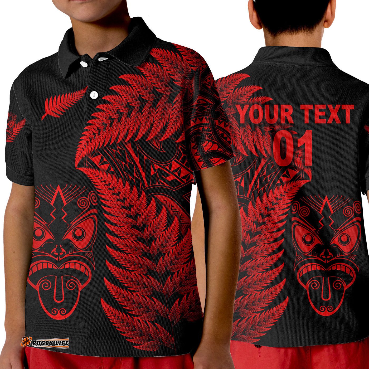 Custom Personalised New Zealand Haka Rugby Maori Polo Shirt KID Silver Fern Vibes - Red