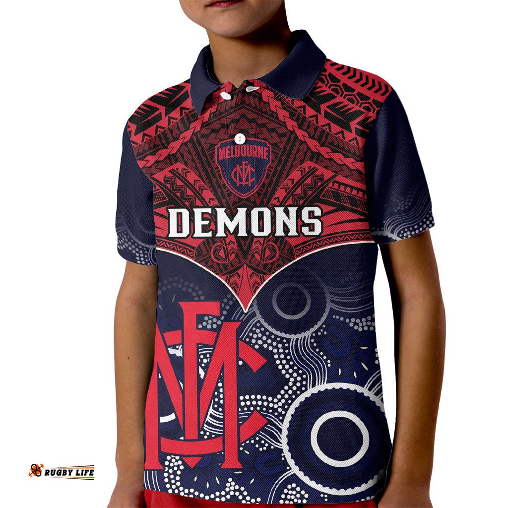 Personalised Melbourne Football Kid Polo Shirt Go Demons Aboriginal Mix Polynesian Pattern