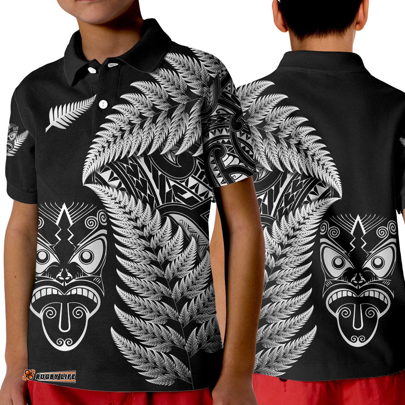 New Zealand Haka Rugby Maori Polo Shirt KID Silver Fern Vibes - Black