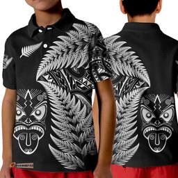 New Zealand Haka Rugby Maori Polo Shirt KID Silver Fern Vibes - Black