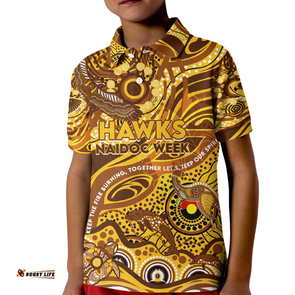 Custom NAIDOC Week 2024 Hawks Kid Polo Shirt Aboriginal Animals Keep The Fire Burning
