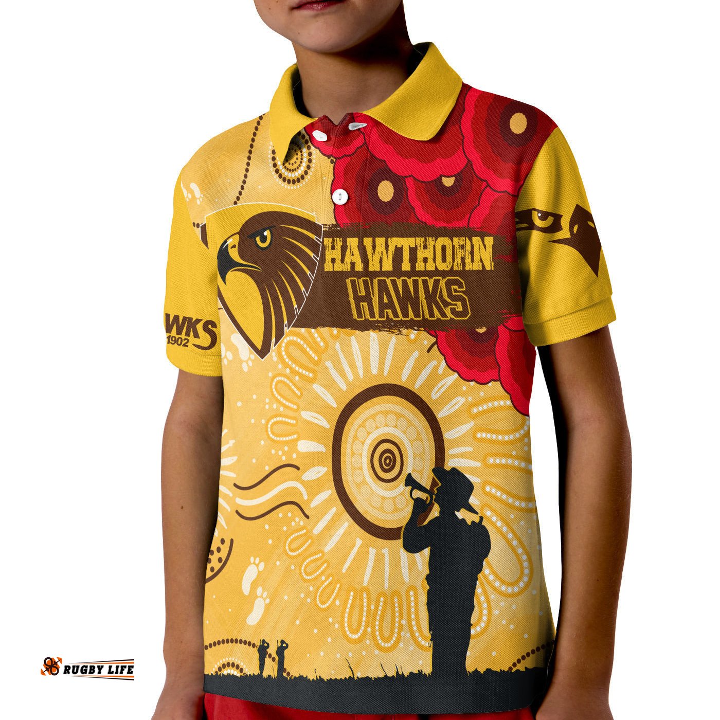 Custom Personalised Hawthorn Hawks Indigenous Anzac Day KID Polo Shirt We Will Remember