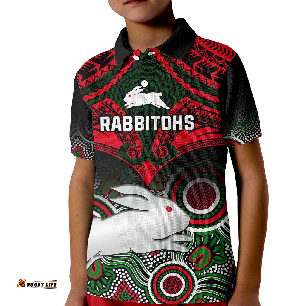 Rabbitohs Rugby Kid Polo Shirt Souths 1908 Aboriginal Mix Polynesian Pattern