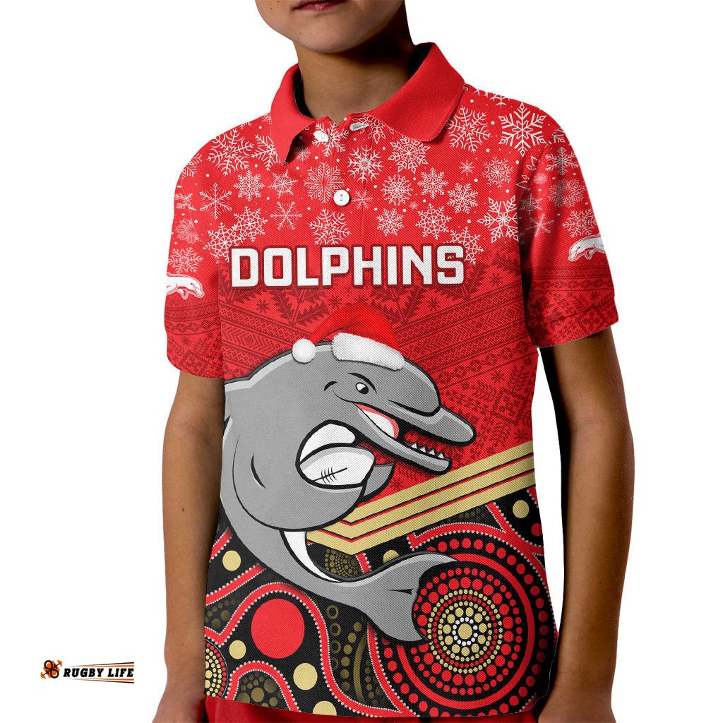 Custom Dolphins Rugby Christmas Kid Polo Shirt Merry XmasMix Aboriginal Art