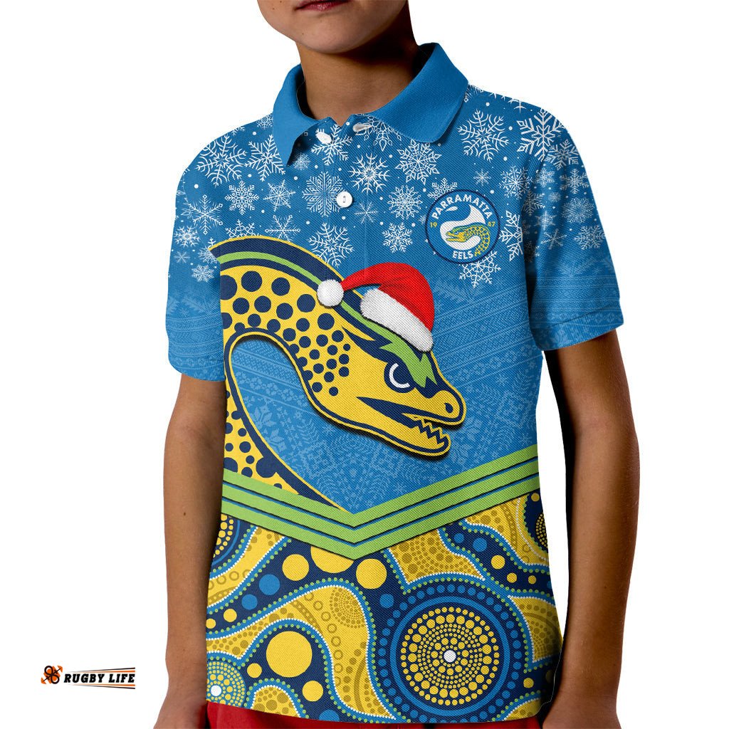 Custom Parramatta Eels Rugby Christmas Kid Polo Shirt Merry XmasMix Aboriginal Art