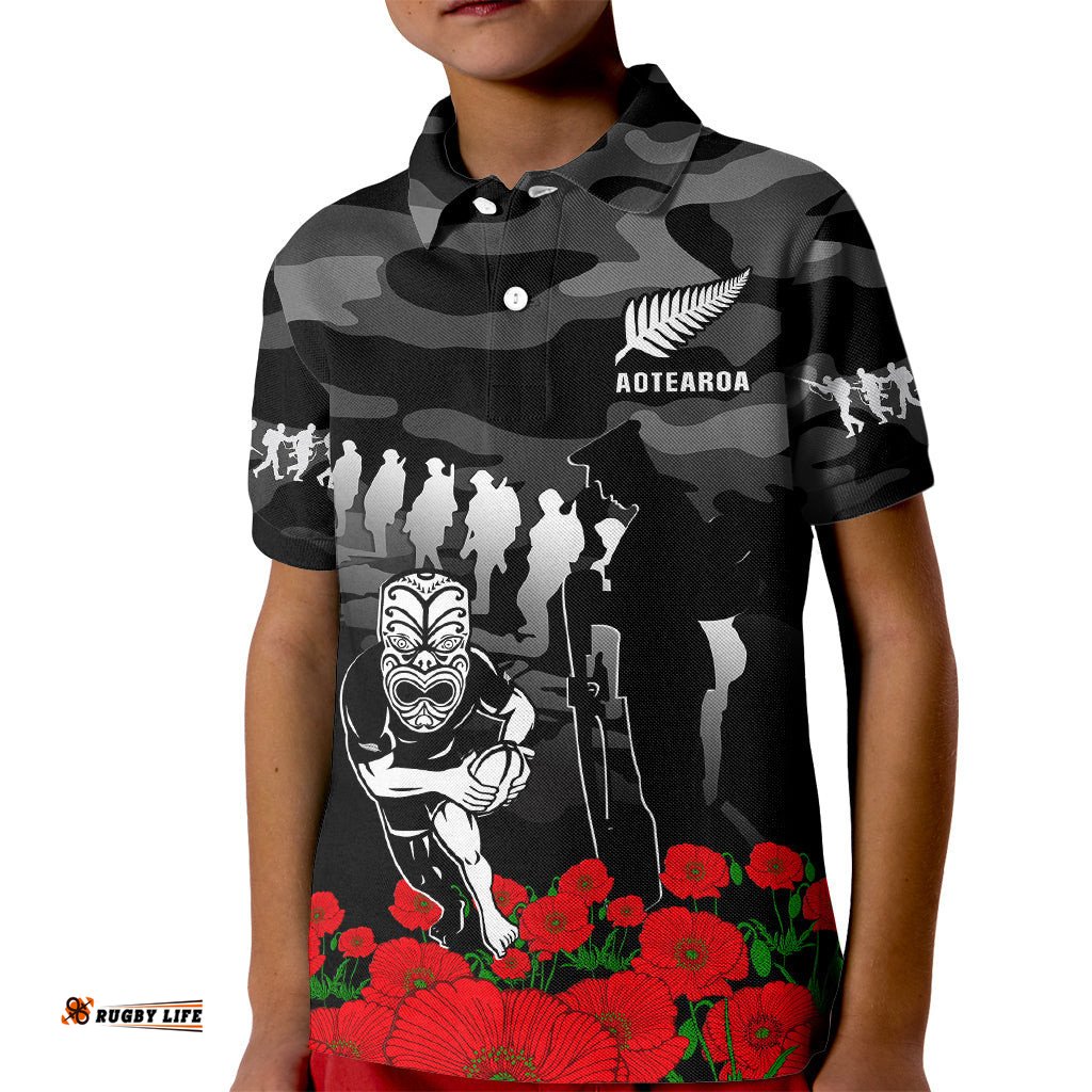 Custom Text And Number New Zealand ANZAC Rugby Kid Polo Shirt Silver Fern All Black Camouflage Mix Poppy