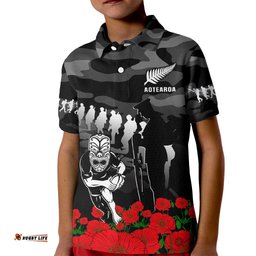 Custom Text And Number New Zealand ANZAC Rugby Kid Polo Shirt Silver Fern All Black Camouflage Mix Poppy