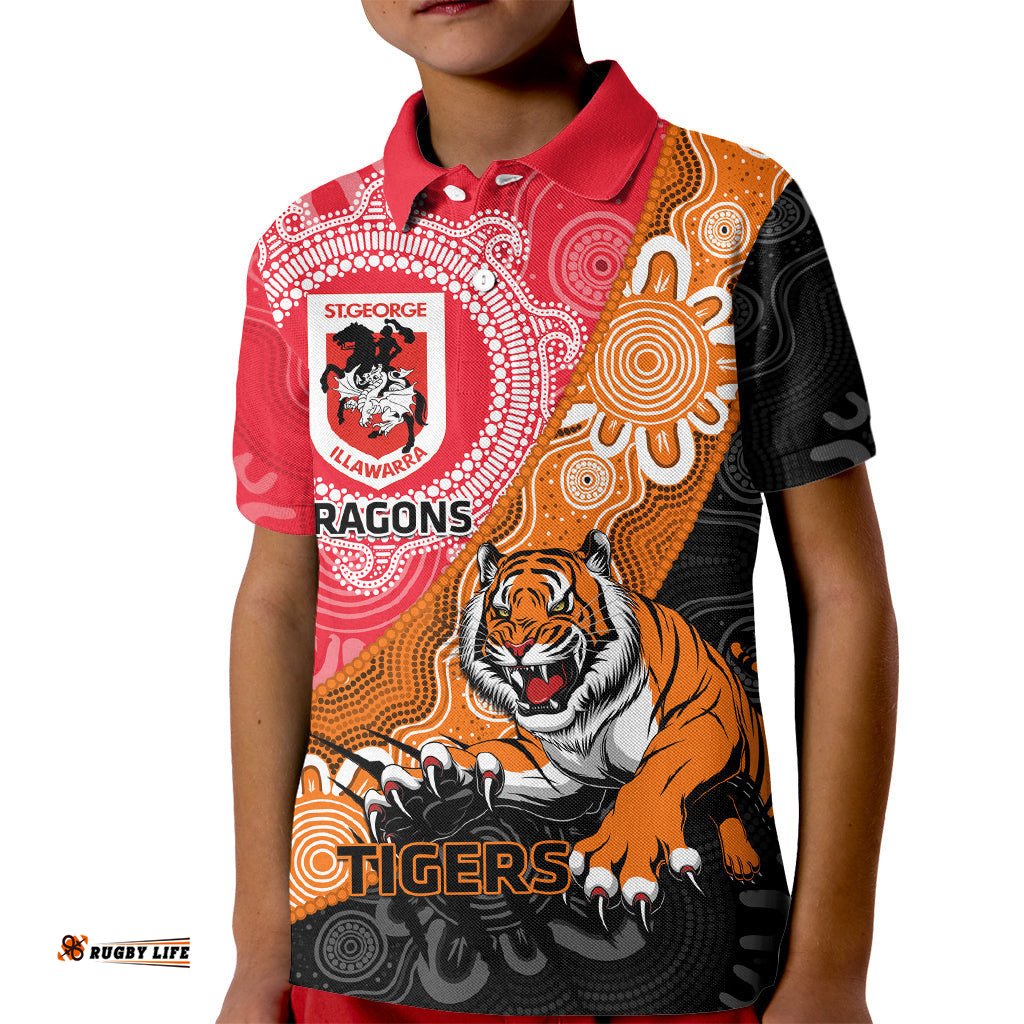 Personalised Dragons And Tigers Rugby Kid Polo Shirt Aboriginal Art