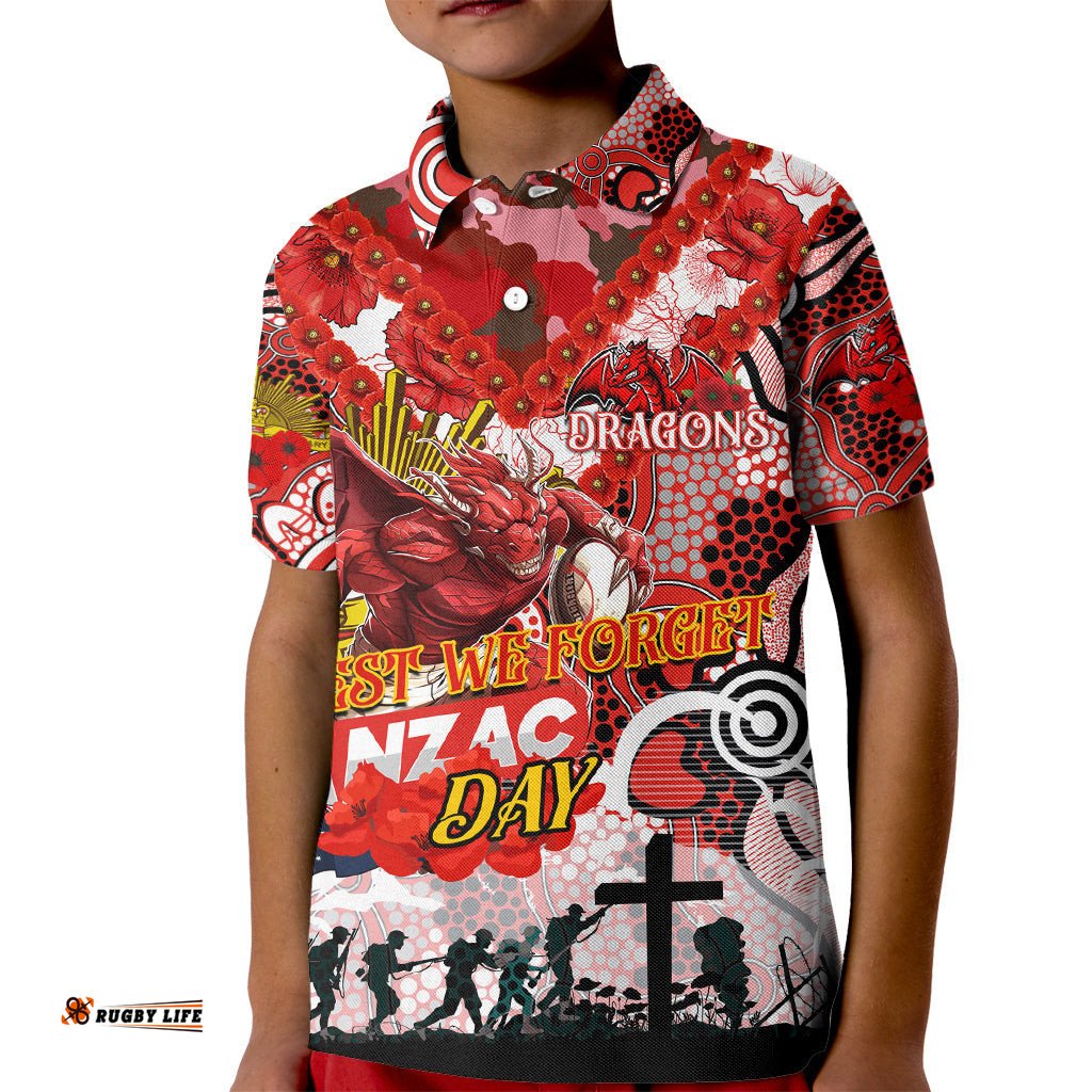 Personalised Dragons ANZAC Day Kid Polo Shirt Aboriginal Rising Sun
