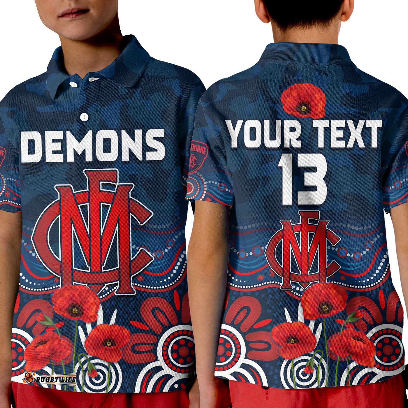 Custom Text and Number Demons AnzacPolo Shirt KID Melbourne Football Aboriginal Poppy