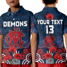 Custom Text and Number Demons AnzacPolo Shirt KID Melbourne Football Aboriginal Poppy