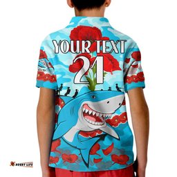 Custom Text And Number Sharks Rugby ANZAC Kid Polo Shirt Lest We Forget