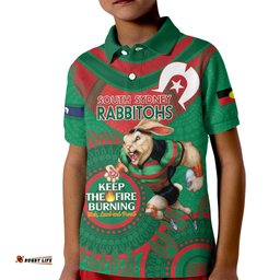 Custom NRL Rabbitohs NAIDOC Week Kid Polo Shirt Keep The Fire Burning Indigenous Art