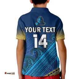 Custom Text And Number Gold Coast Titans Rugby Polo Shirt KID Pasifika Gradient Polynesian Pattern